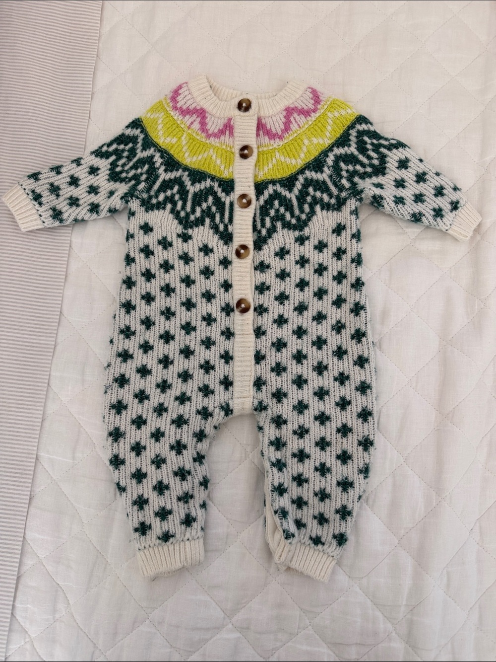 Old Navy Cream Knit Baby One-Piece with Green Pattern and Pink-Yellow Yoke
